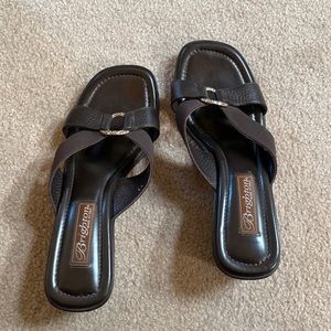 Brighton size 7.5 Dark Brown slide in wedge sandals. Leather and fabric straps.